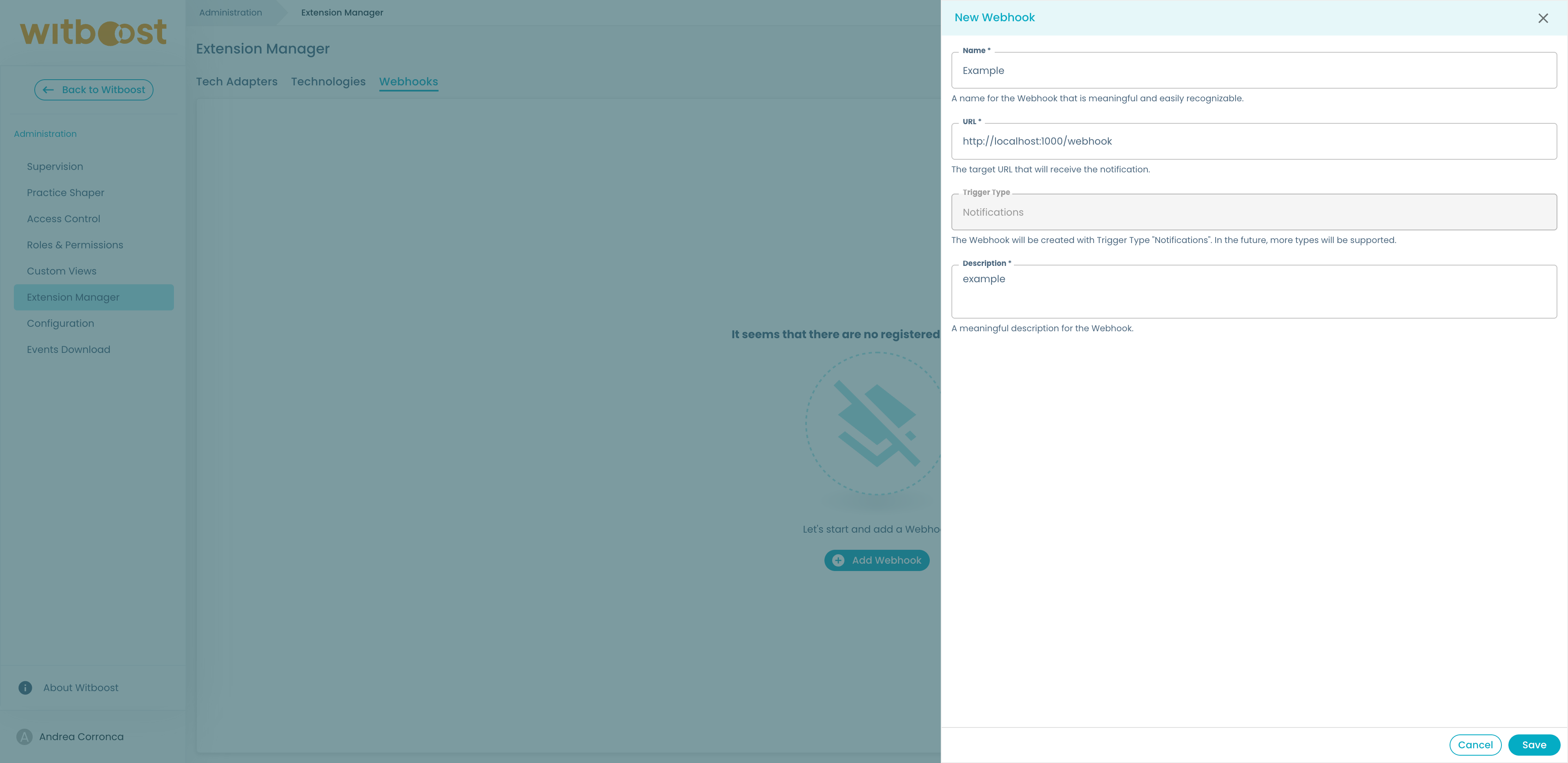 Webhooks page